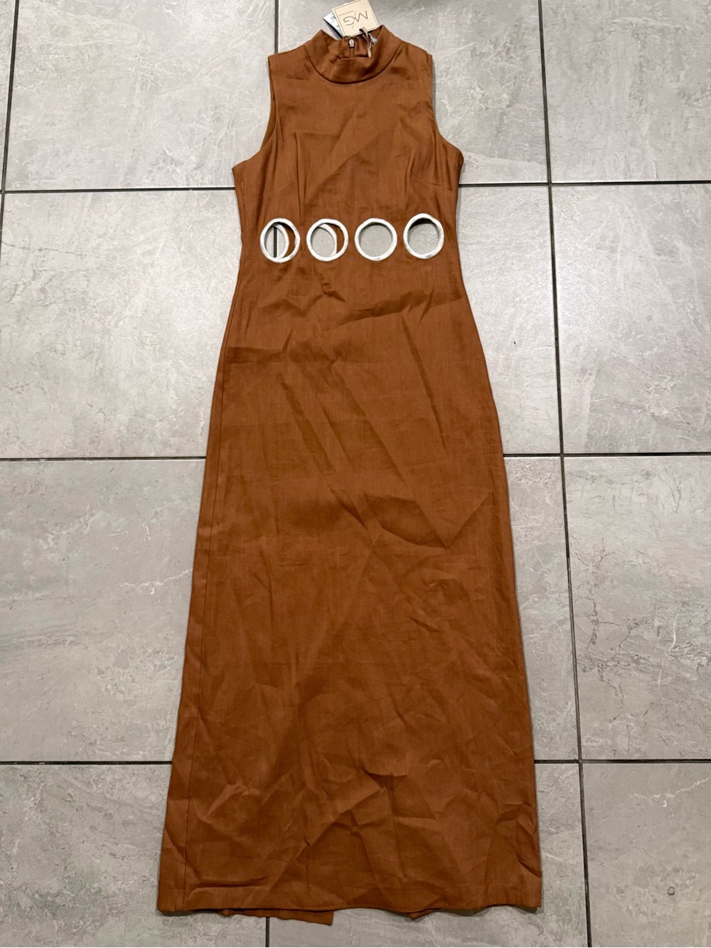ANTONIO MELANI Rust Brown Sleeveless Maxi Dress with Circular Waist Rings